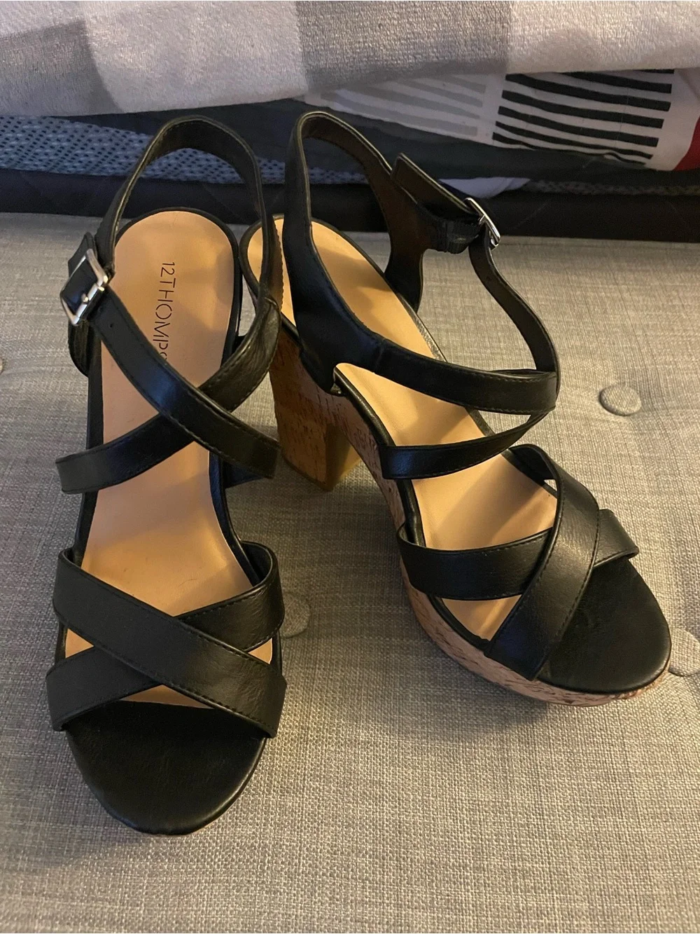 12 Thompson Black Cork Platform Strappy Sandals